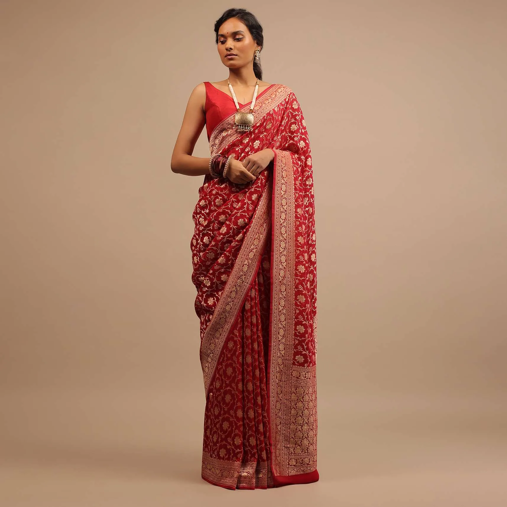 Apple Red Saree In Georgette With Golden Woven Floral Jaal Work