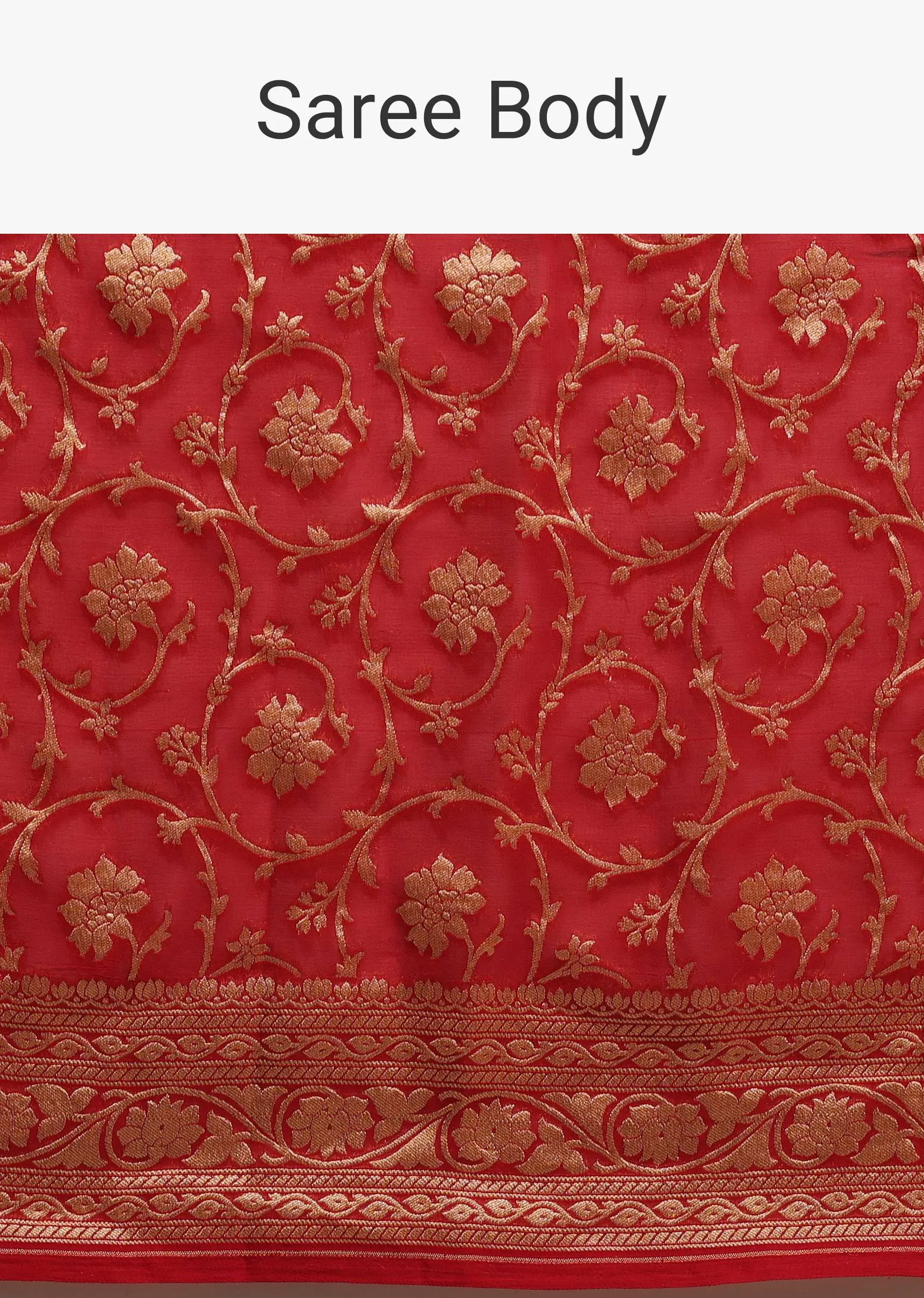 Apple Red Saree In Georgette With Golden Woven Floral Jaal Work