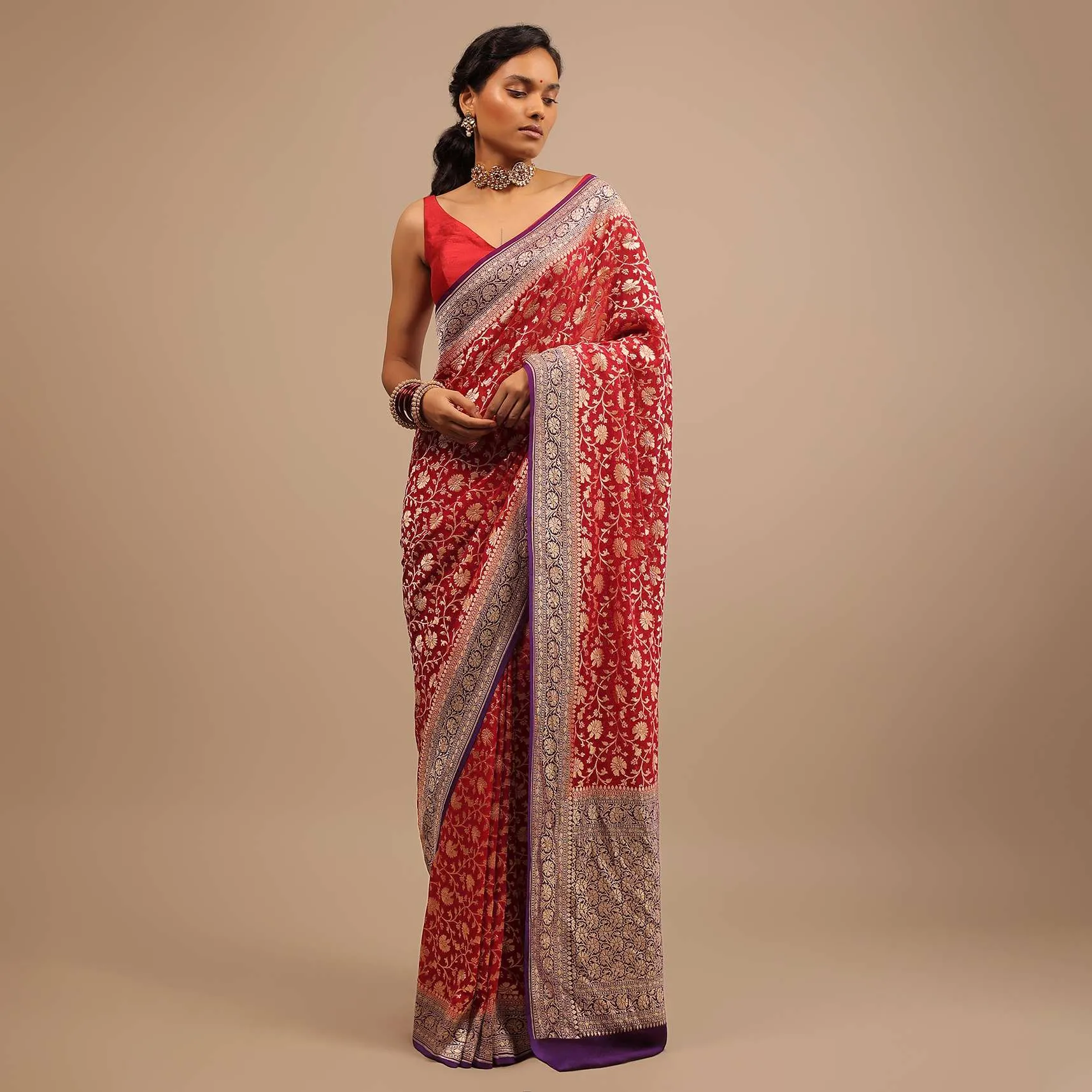 Carmine Red Saree In Georgette With Wine Border And Woven Floral Jaal Work