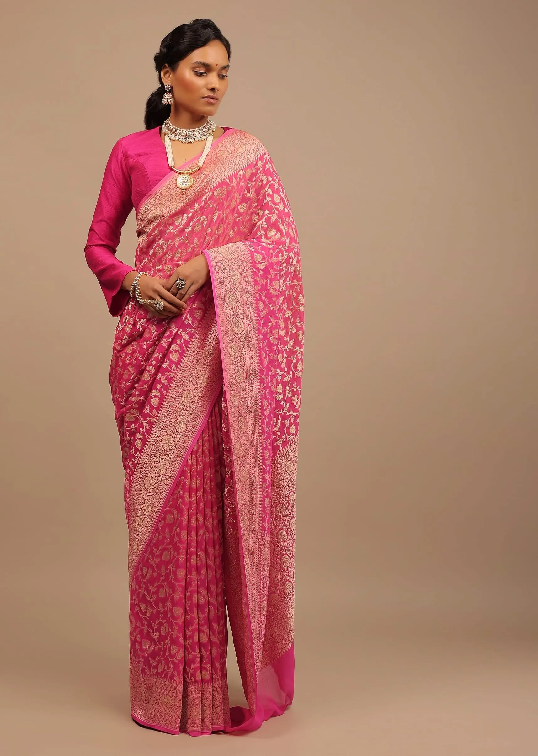 Cherry Pink Traditional Saree With Woven Jaal Made In Georgette