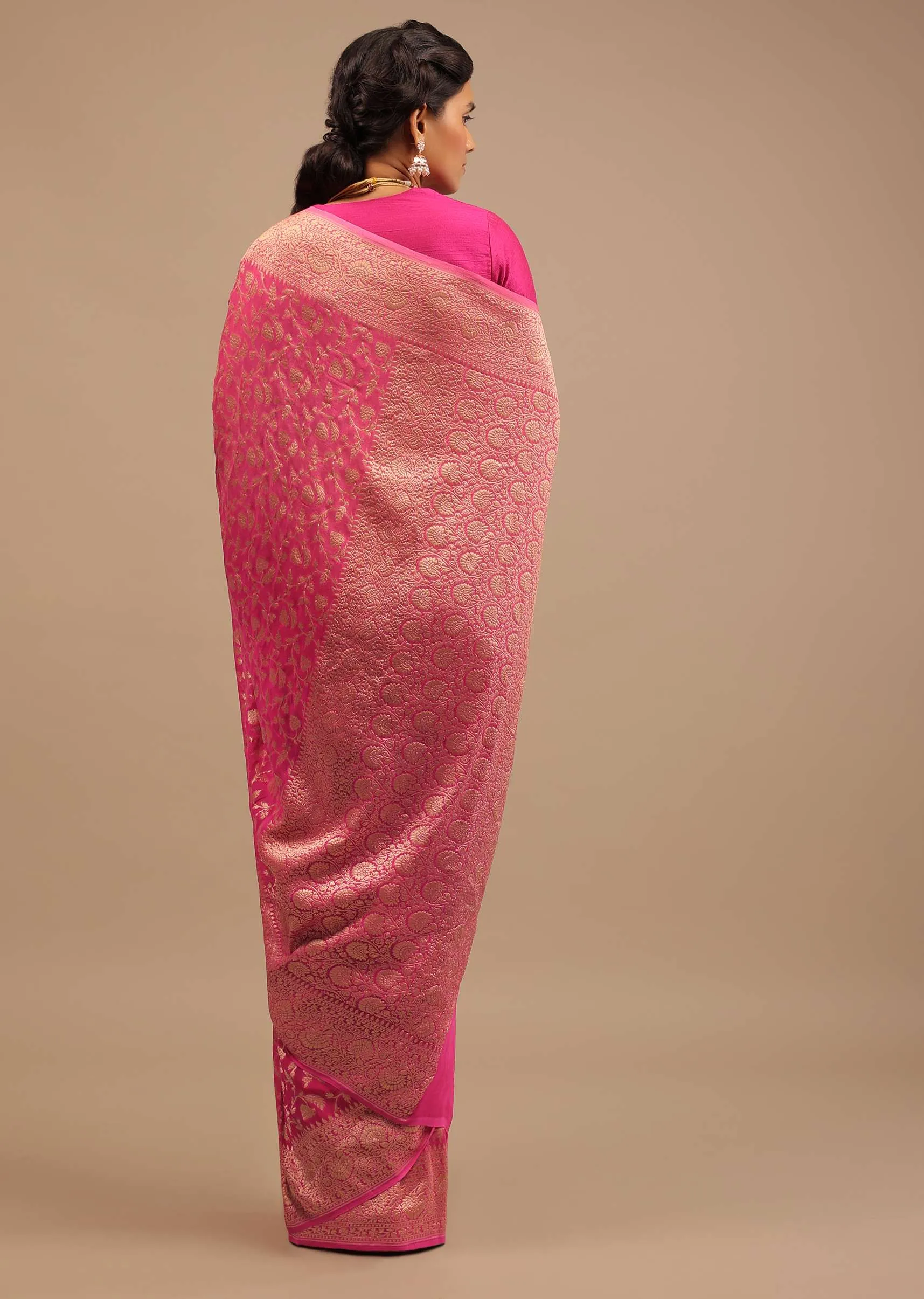Cherry Pink Traditional Saree With Woven Jaal Made In Georgette