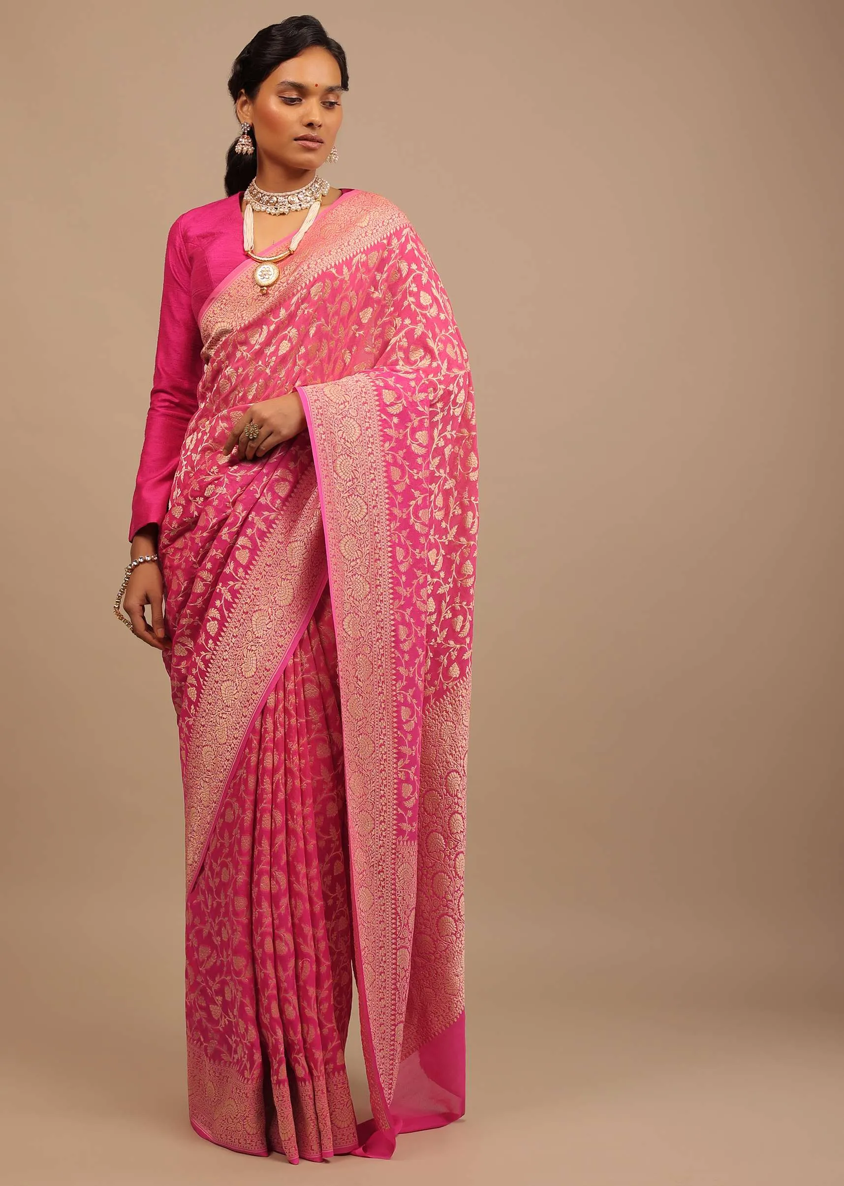 Cherry Pink Traditional Saree With Woven Jaal Made In Georgette