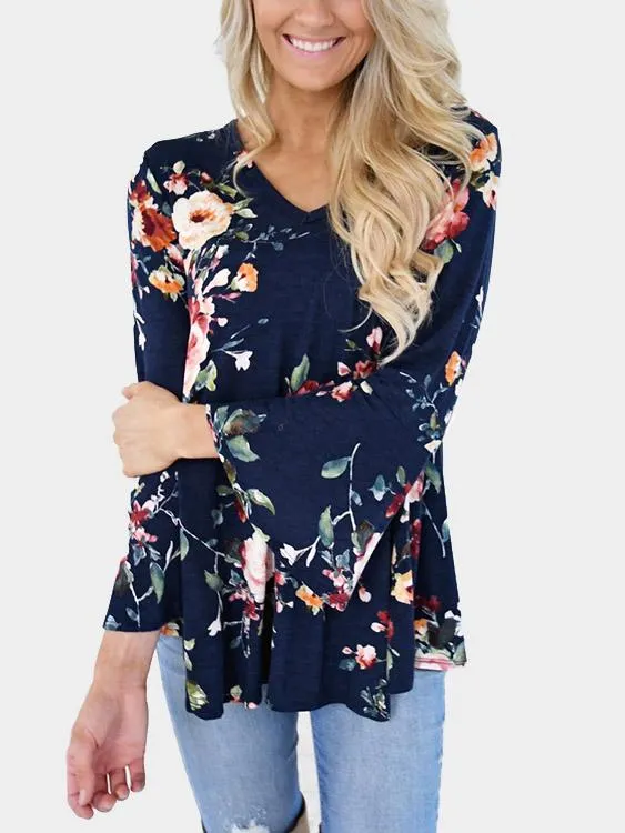 Custom V-Neck Floral Print Long Sleeve Blouses
