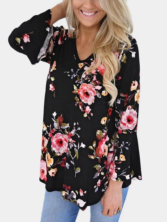Custom V-Neck Floral Print Long Sleeve Blouses