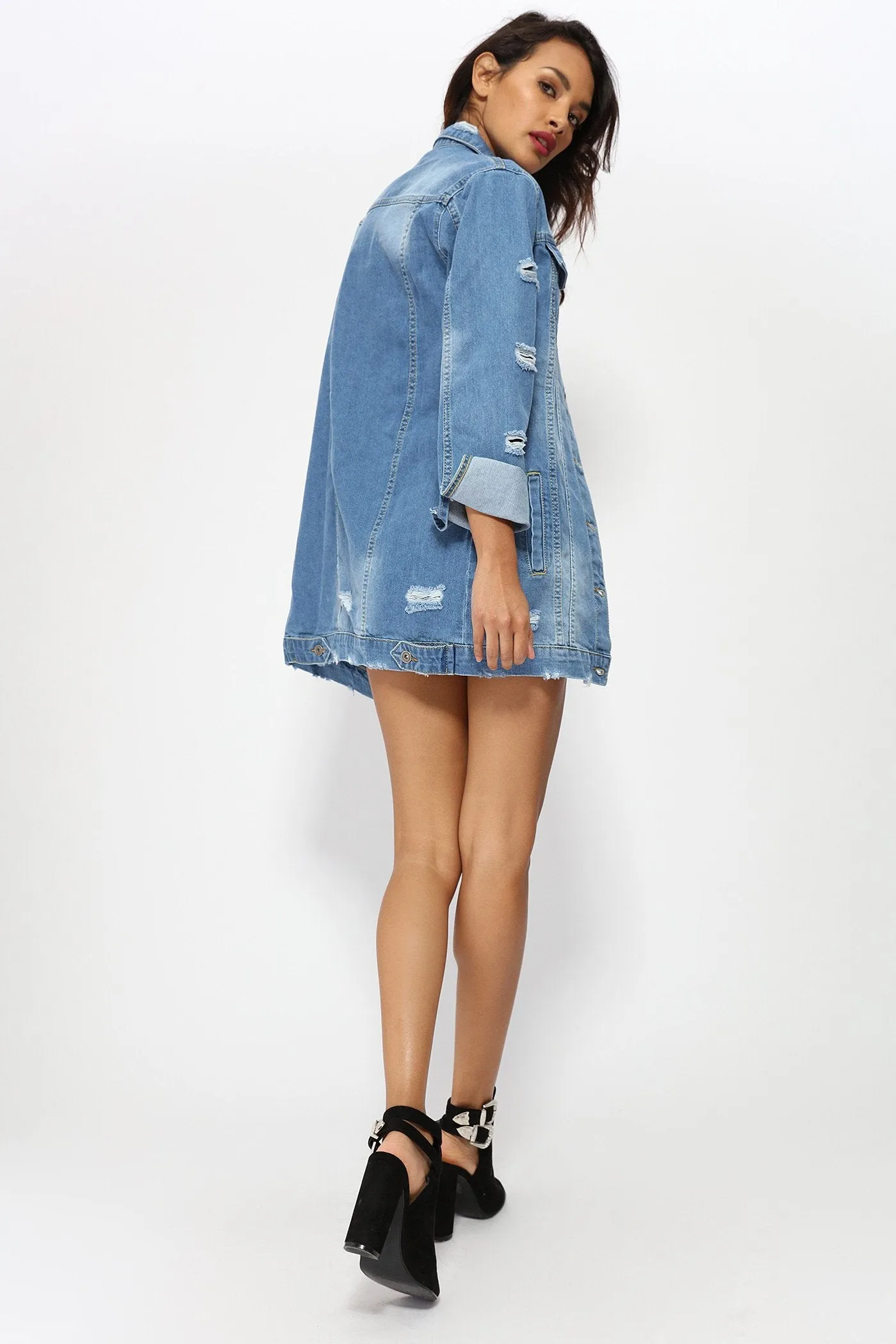 Denim Distressed Long Denim Jacket