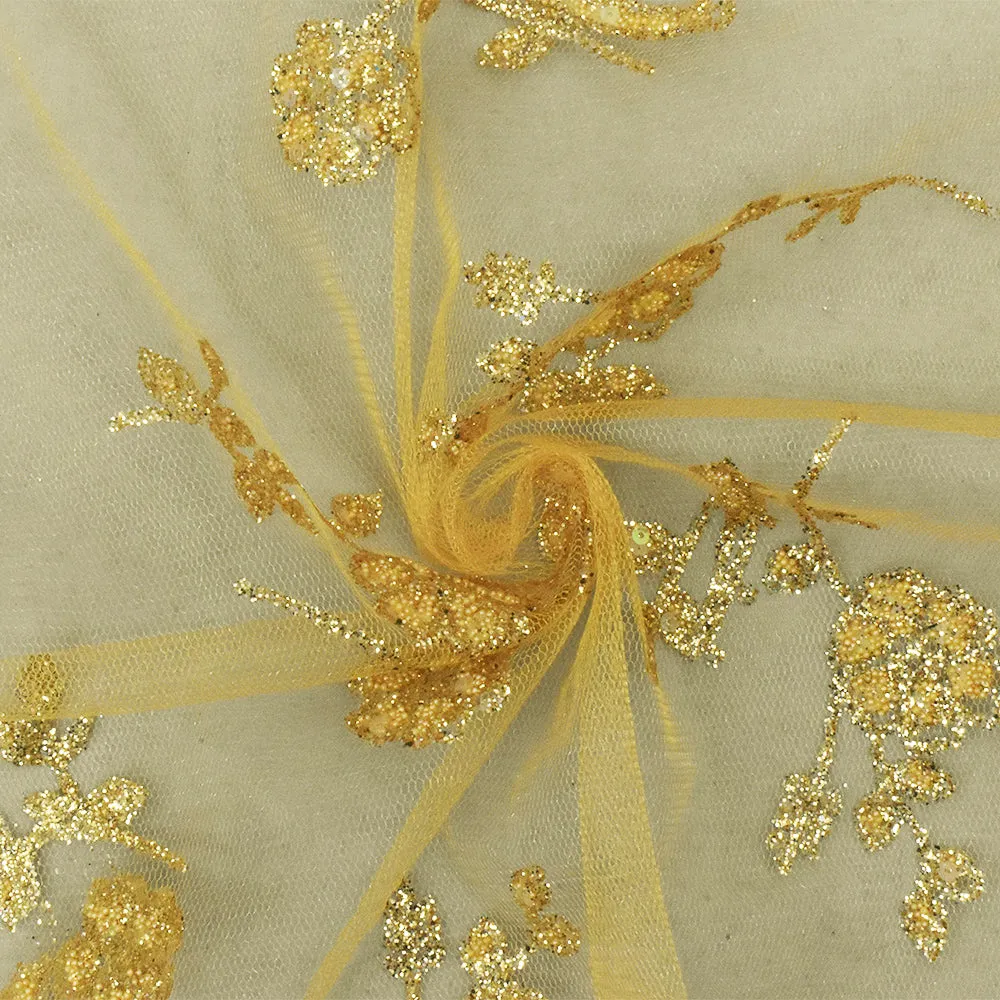 Golden Yellow Floral Sparkles and Bead Poly Mesh Knit Fabric