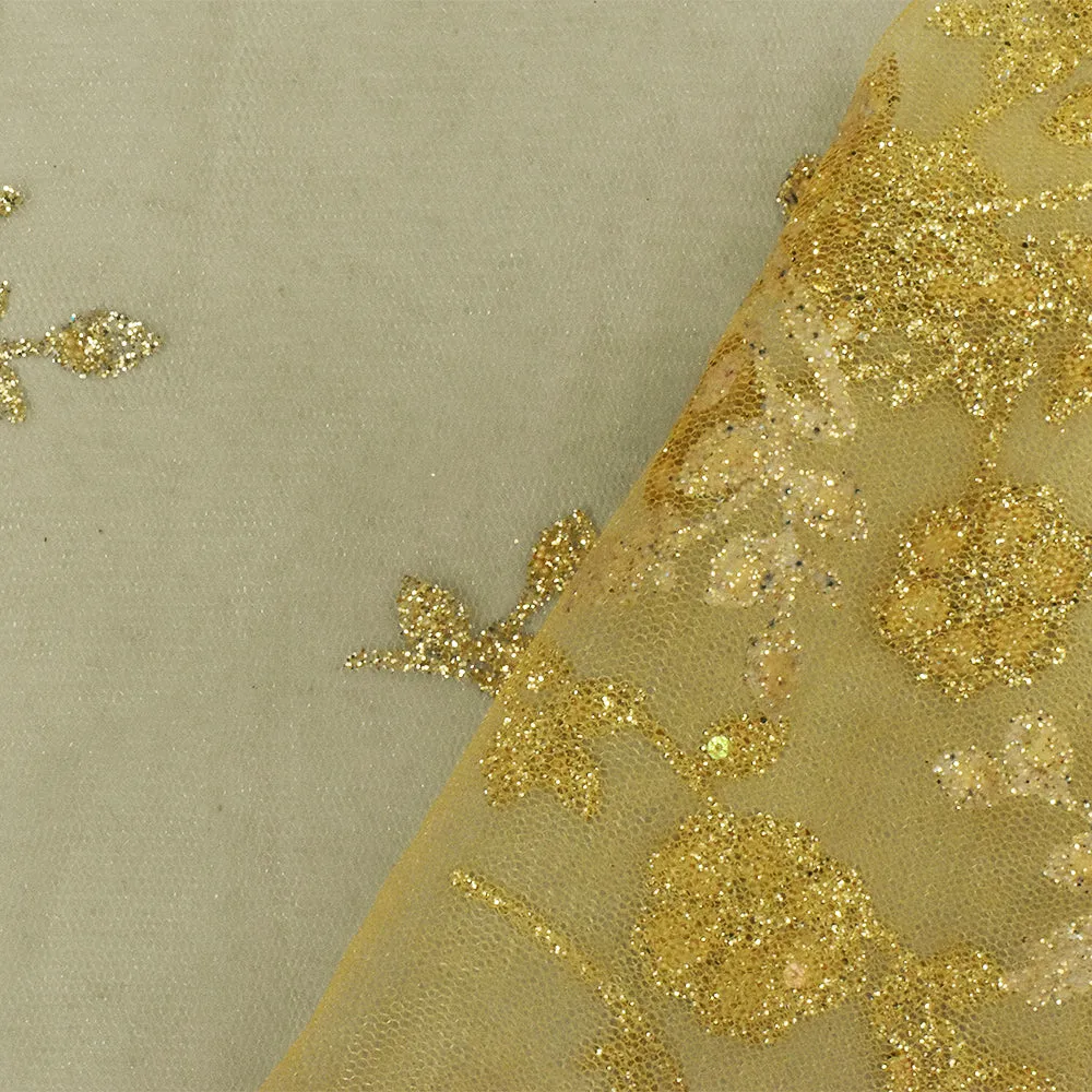 Golden Yellow Floral Sparkles and Bead Poly Mesh Knit Fabric