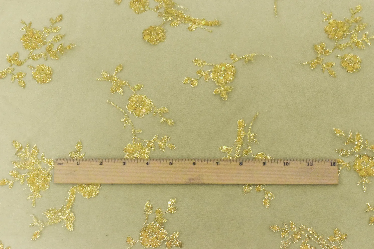 Golden Yellow Floral Sparkles and Bead Poly Mesh Knit Fabric