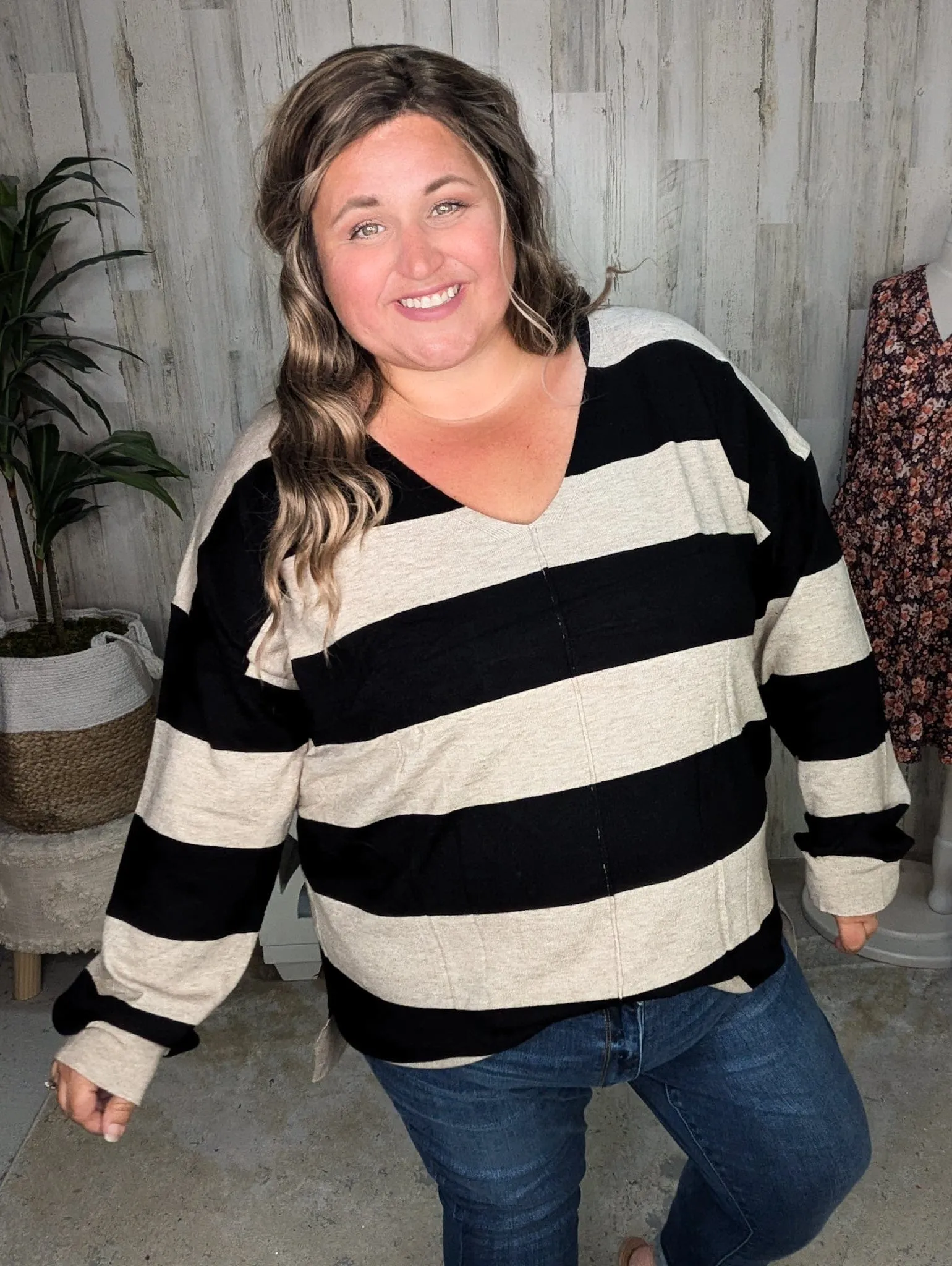 Jaclyn Lightweight Sweater in Black   Taupe Stripe