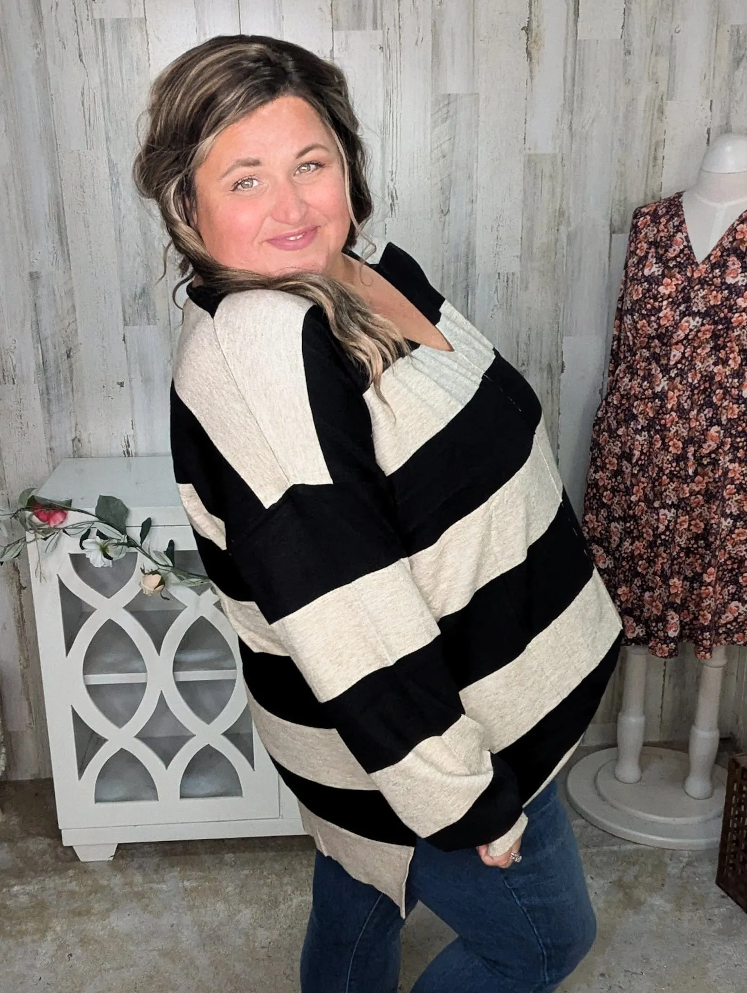 Jaclyn Lightweight Sweater in Black   Taupe Stripe