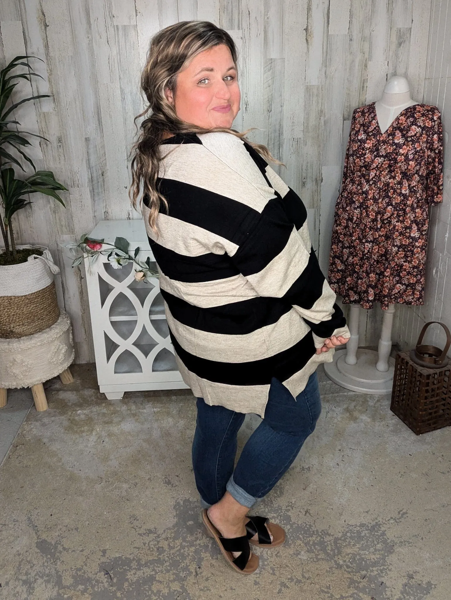 Jaclyn Lightweight Sweater in Black   Taupe Stripe