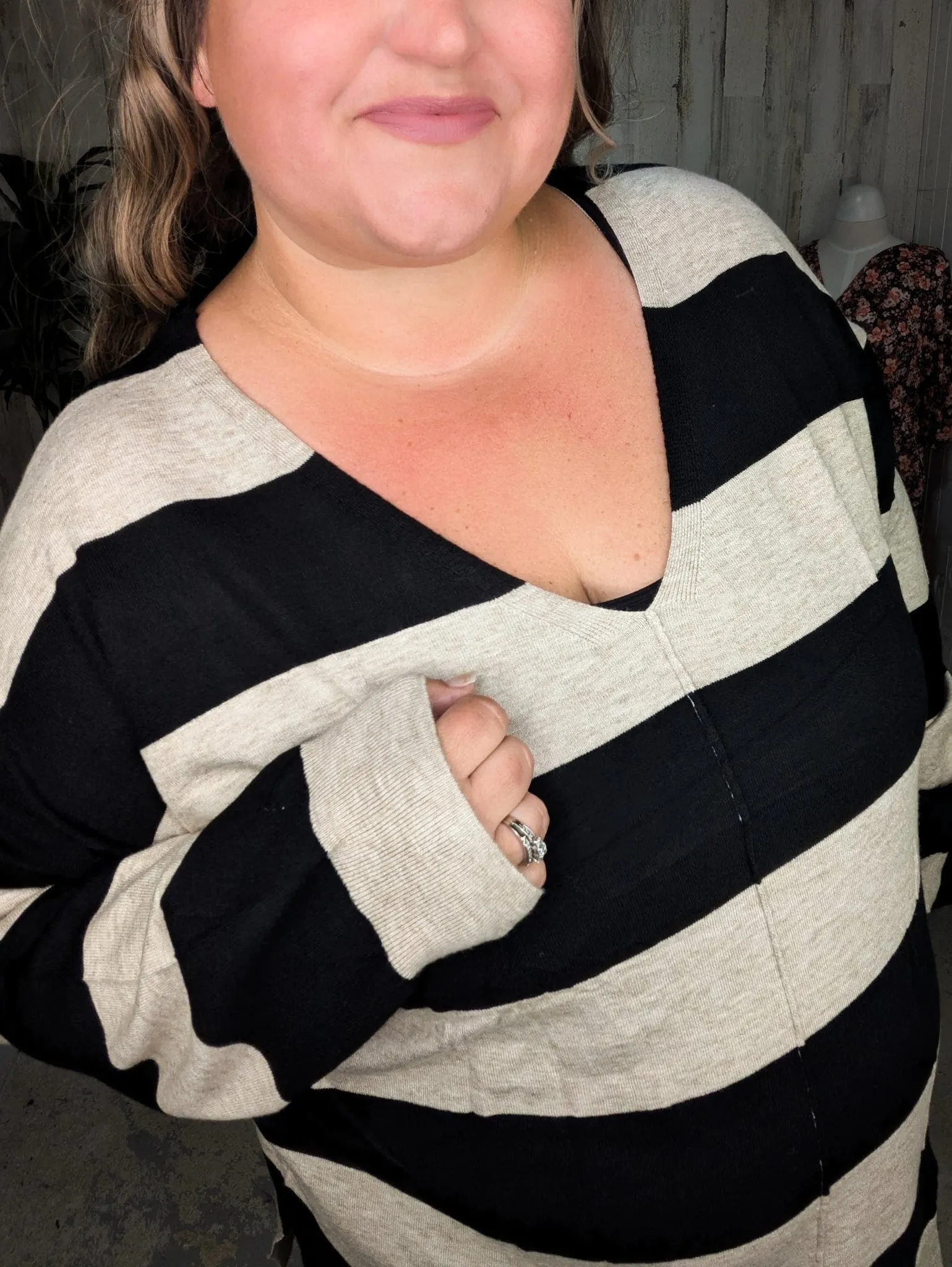 Jaclyn Lightweight Sweater in Black   Taupe Stripe