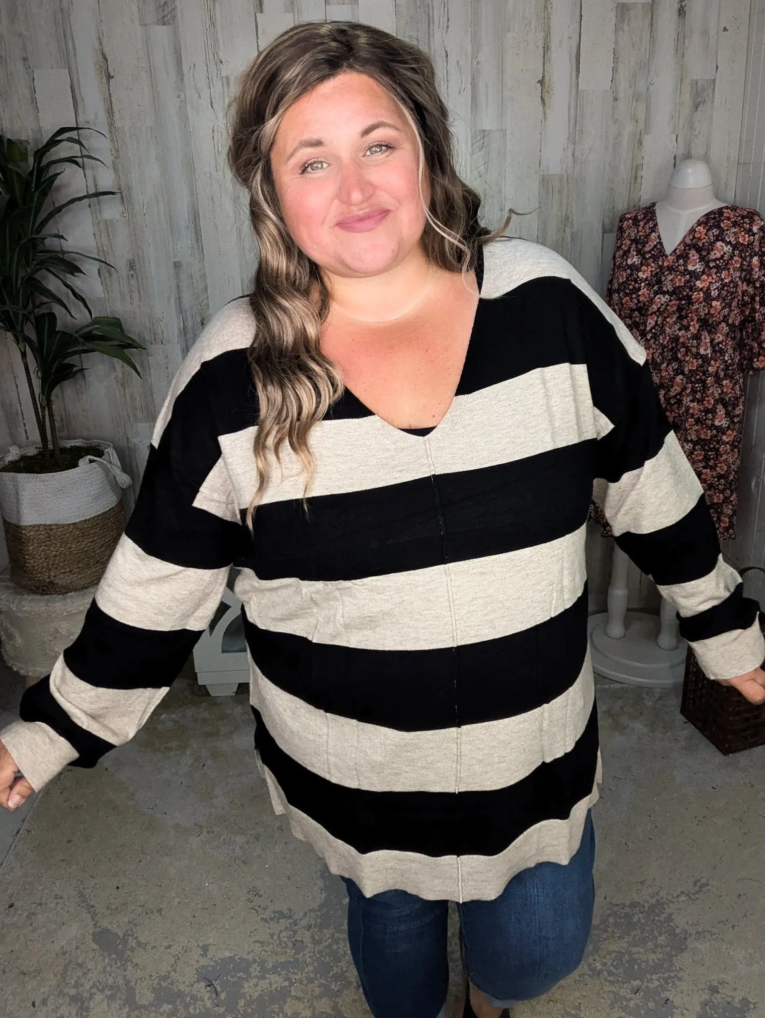 Jaclyn Lightweight Sweater in Black   Taupe Stripe