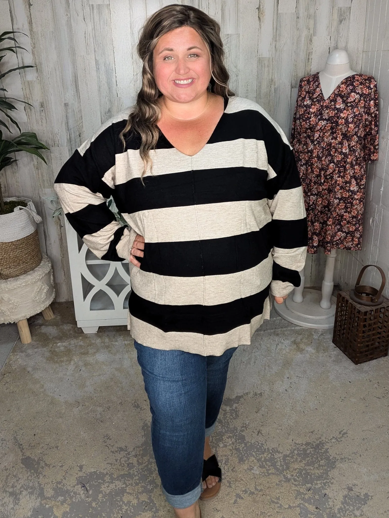 Jaclyn Lightweight Sweater in Black   Taupe Stripe