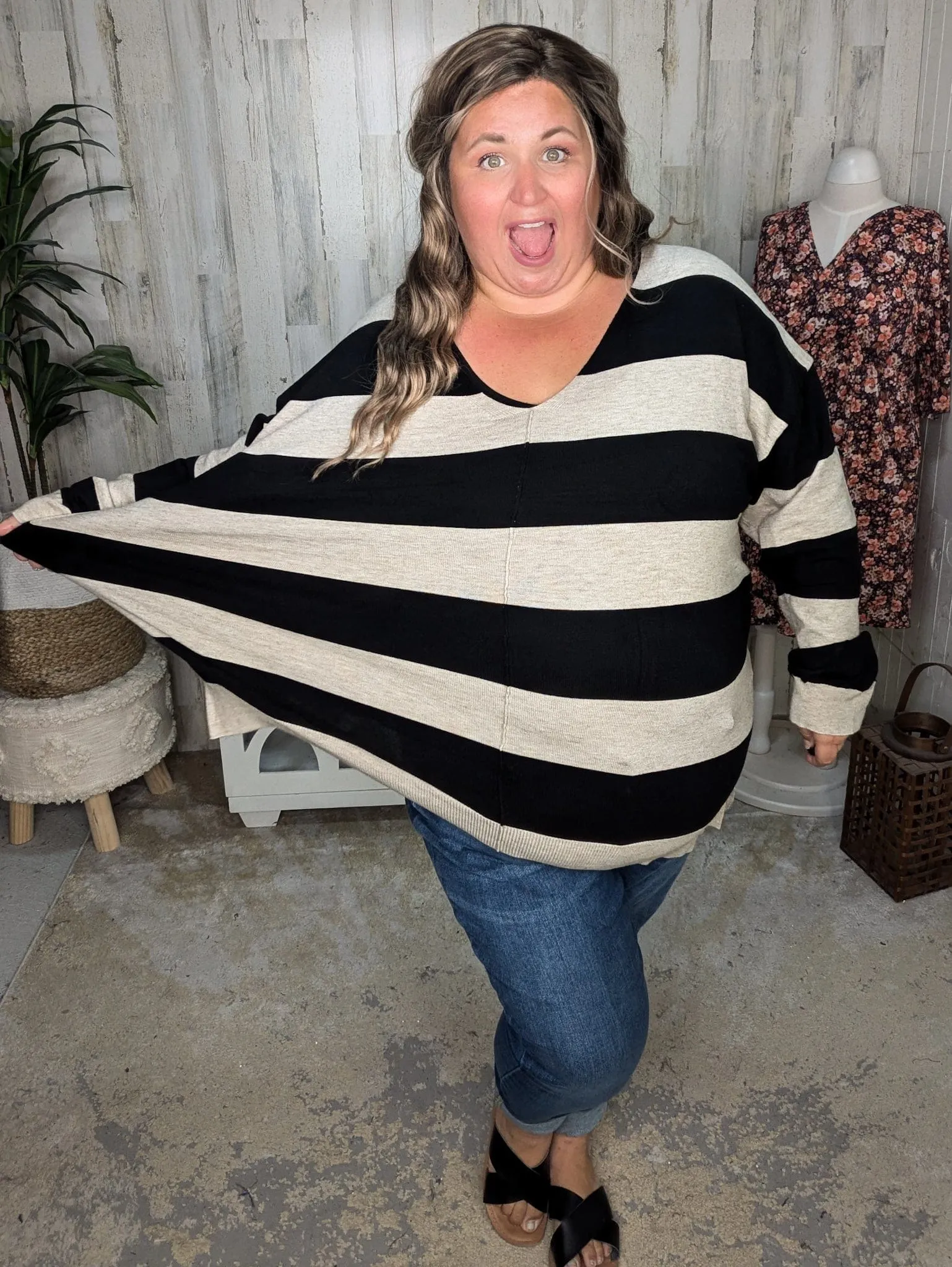 Jaclyn Lightweight Sweater in Black   Taupe Stripe
