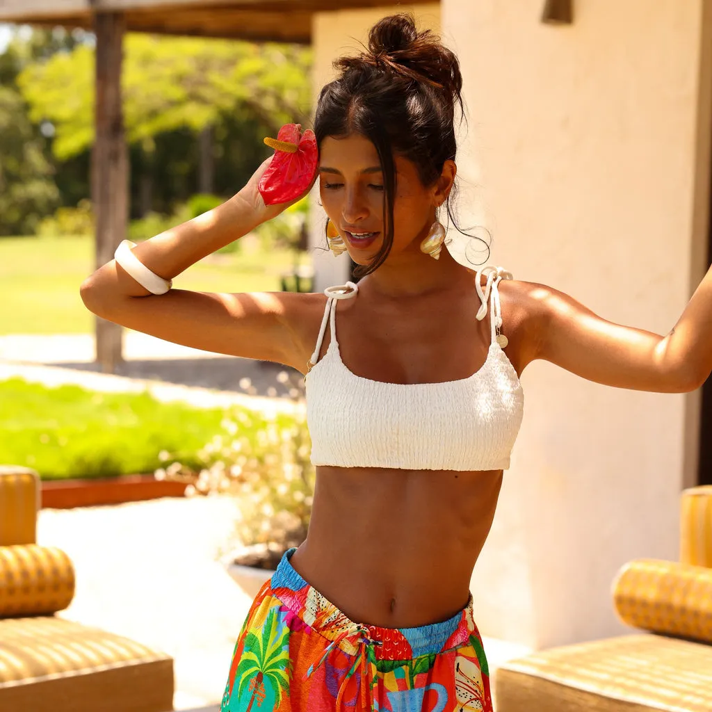 Kulani Kinis Simple Shirred Tie Crop - Natural White