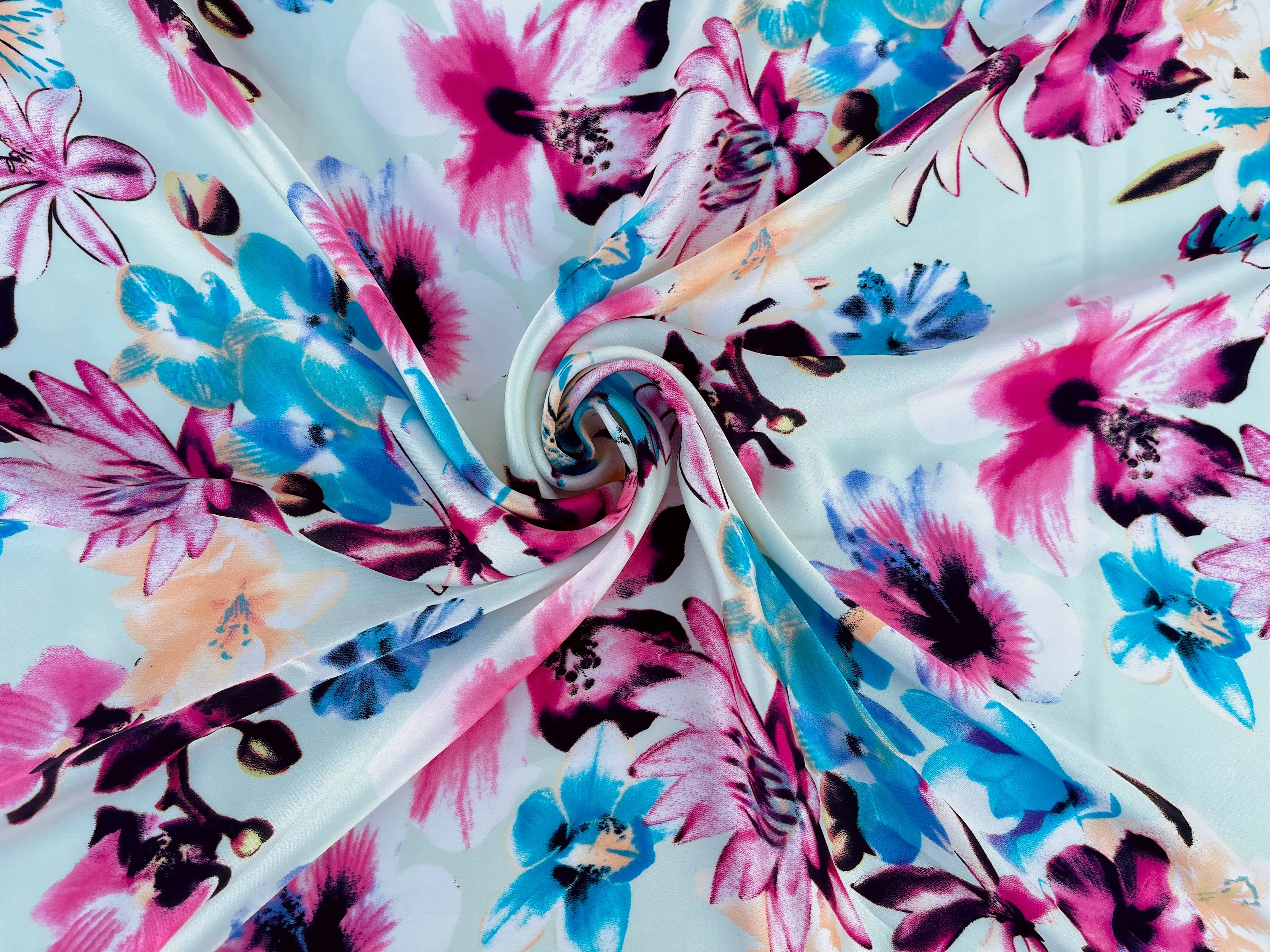 Lightweight  satin  fabric - Light green pink and blue  Floral    print