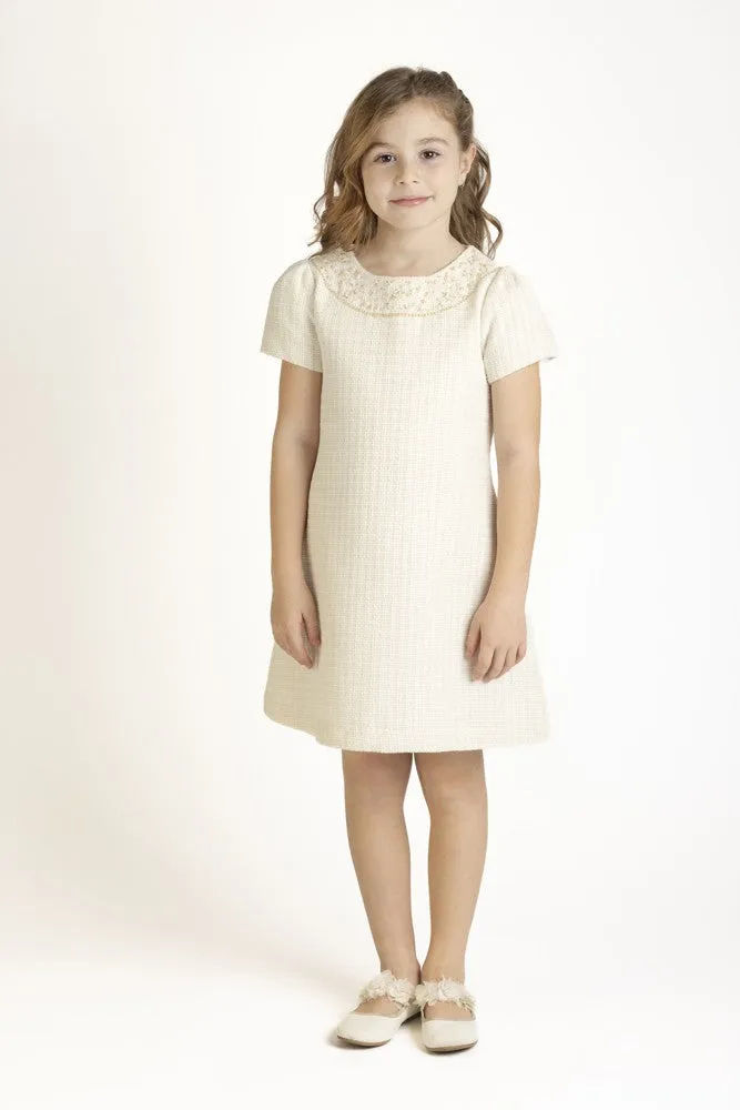 Luli & Me Girls Embroidery Tweed Shift Dress - Ivory
