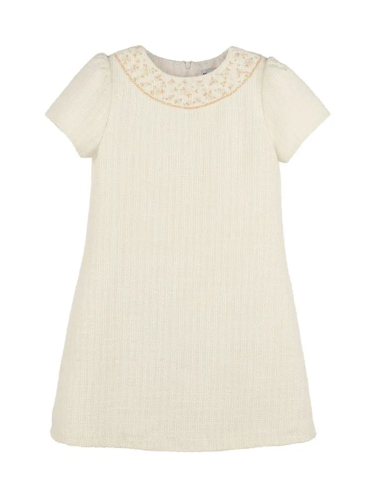 Luli & Me Girls Embroidery Tweed Shift Dress - Ivory