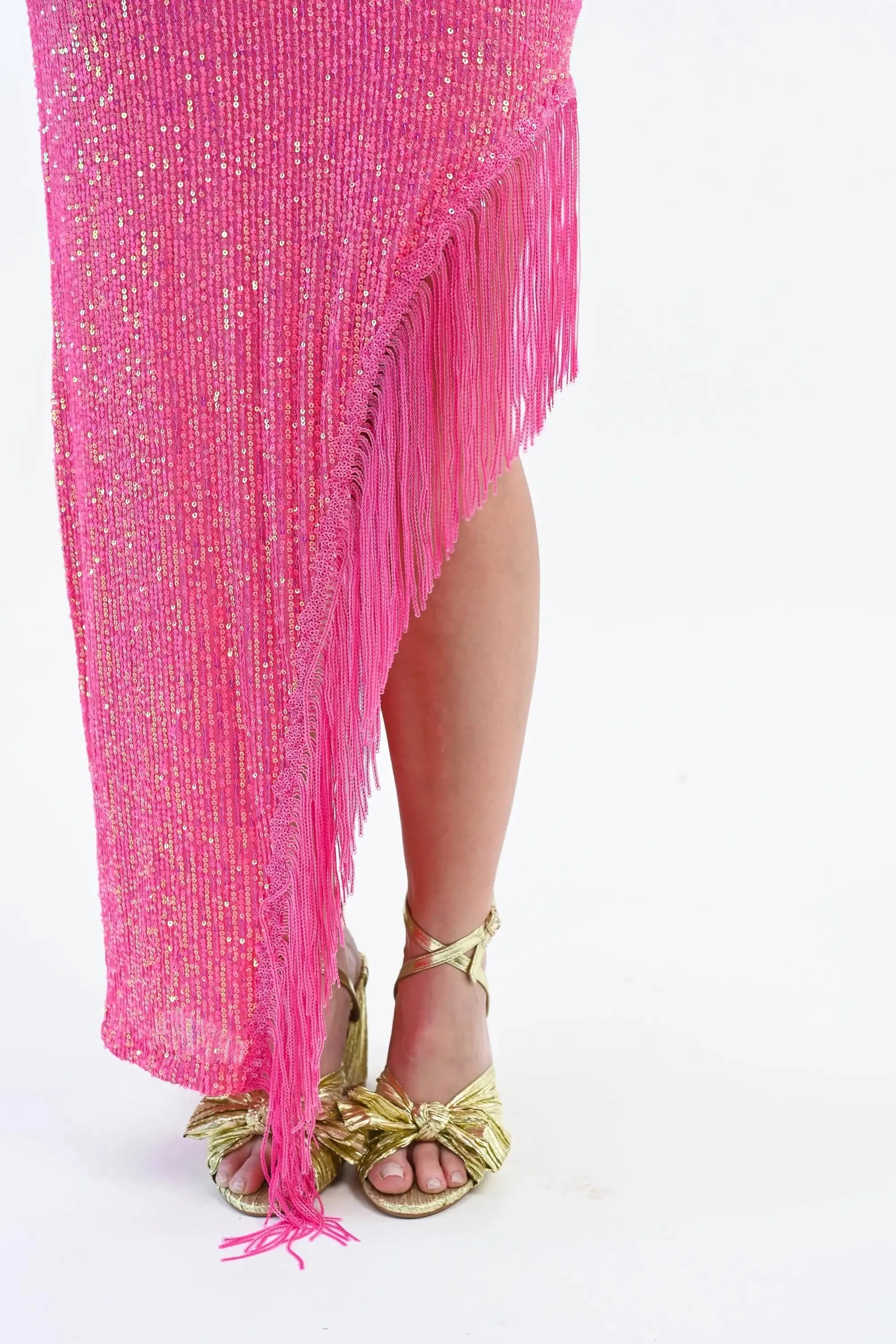 Made Up My Mind Sequin Fringe One Shoulder Asymmetry Maxi Dress