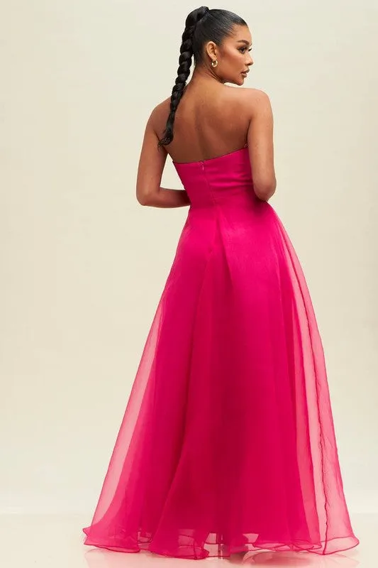 Magenta Organzza V Neckline Maxi Dress