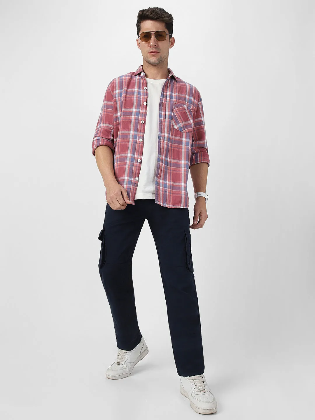 Men's Navy Blue Regular Fit Solid Cargo Chino Pant with 6 Pockets