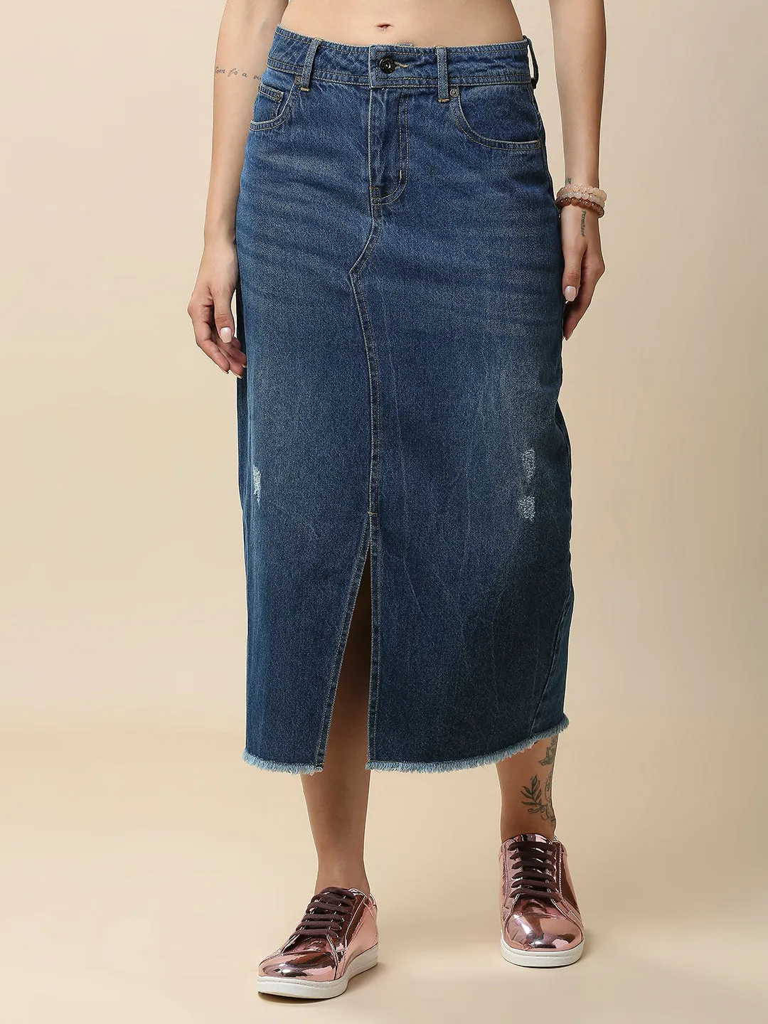 MID BLUE WASH DENIM 5 POCKET FRONT SLIT SKIRT