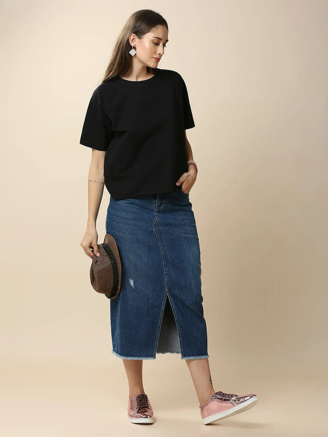 MID BLUE WASH DENIM 5 POCKET FRONT SLIT SKIRT