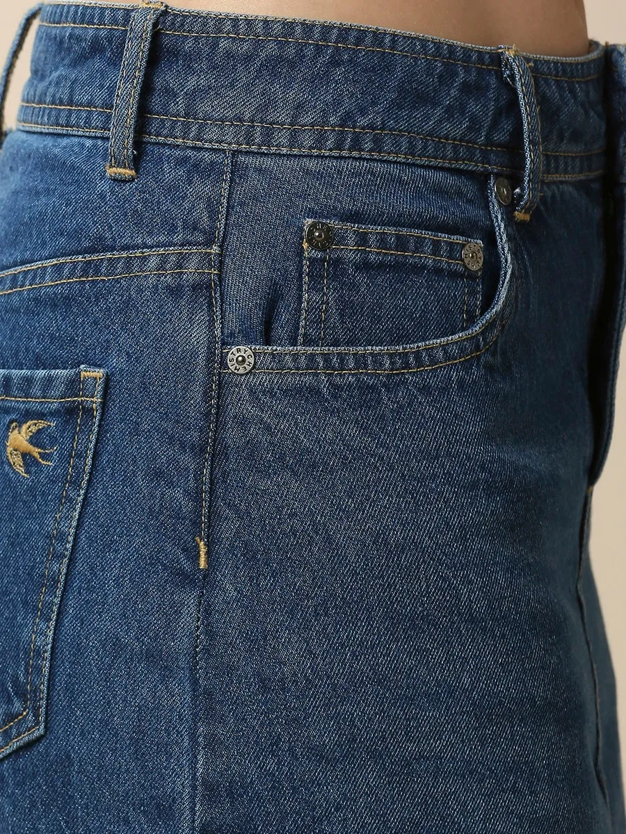 MID BLUE WASH DENIM 5 POCKET FRONT SLIT SKIRT