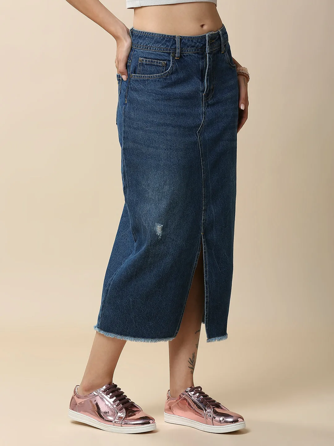 MID BLUE WASH DENIM 5 POCKET FRONT SLIT SKIRT