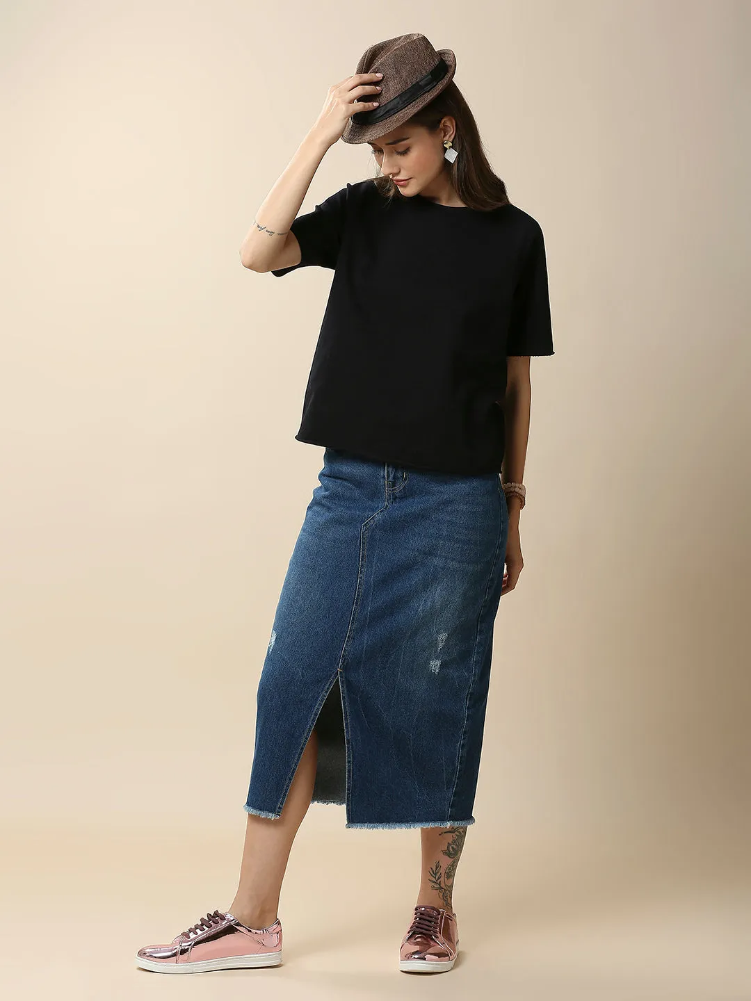 MID BLUE WASH DENIM 5 POCKET FRONT SLIT SKIRT