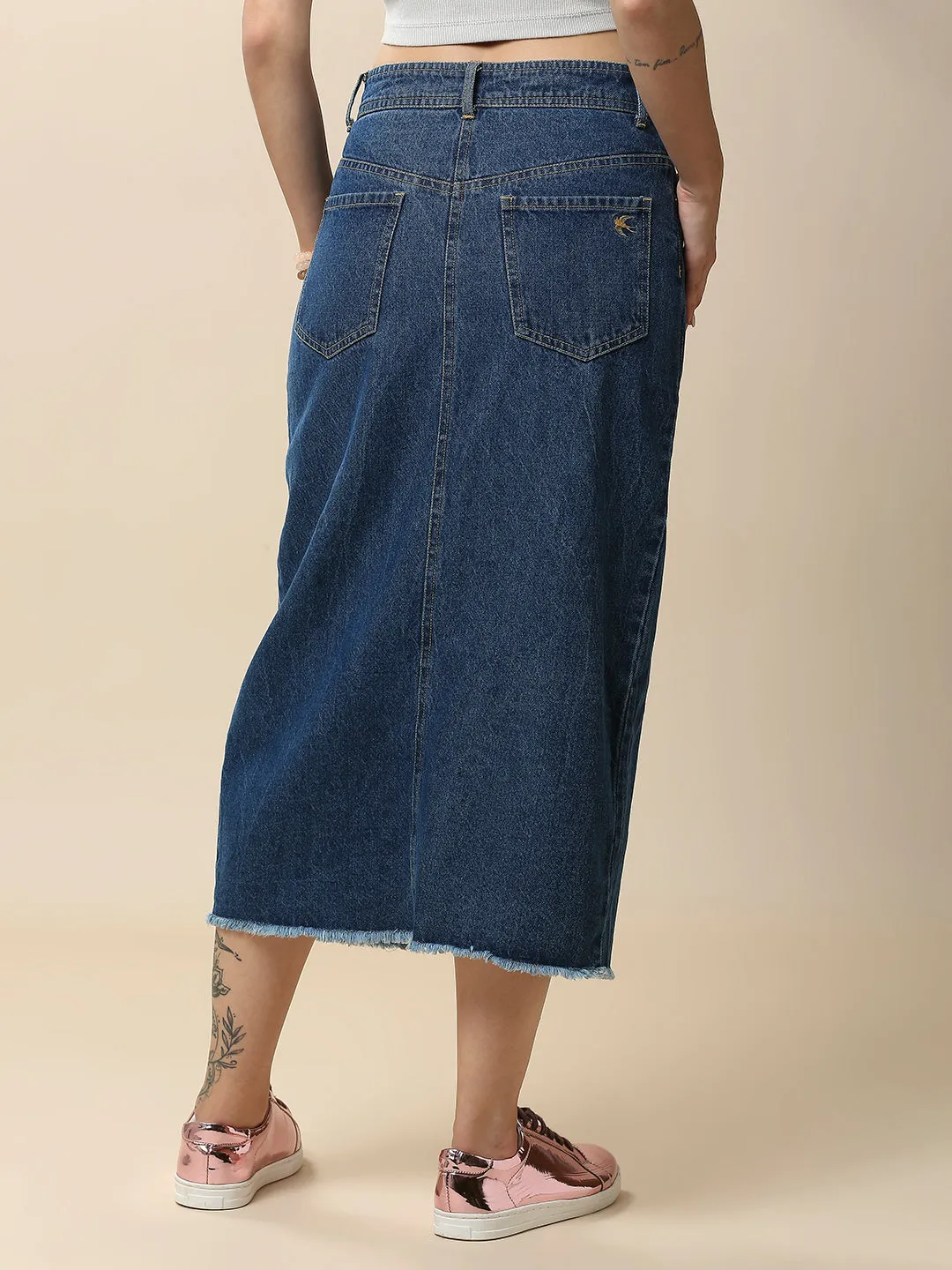 MID BLUE WASH DENIM 5 POCKET FRONT SLIT SKIRT