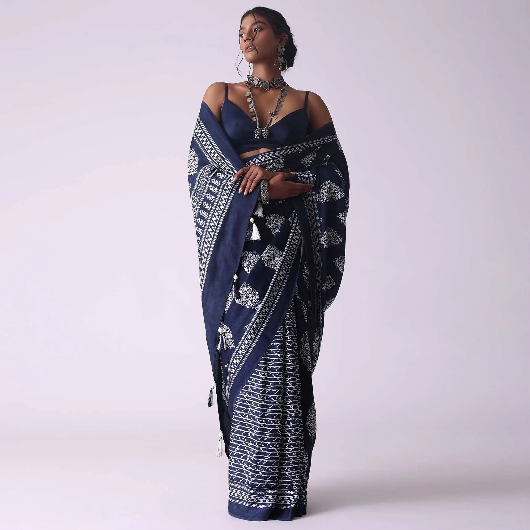 Mood Indigo Blue Batic Printed Crepe Saree