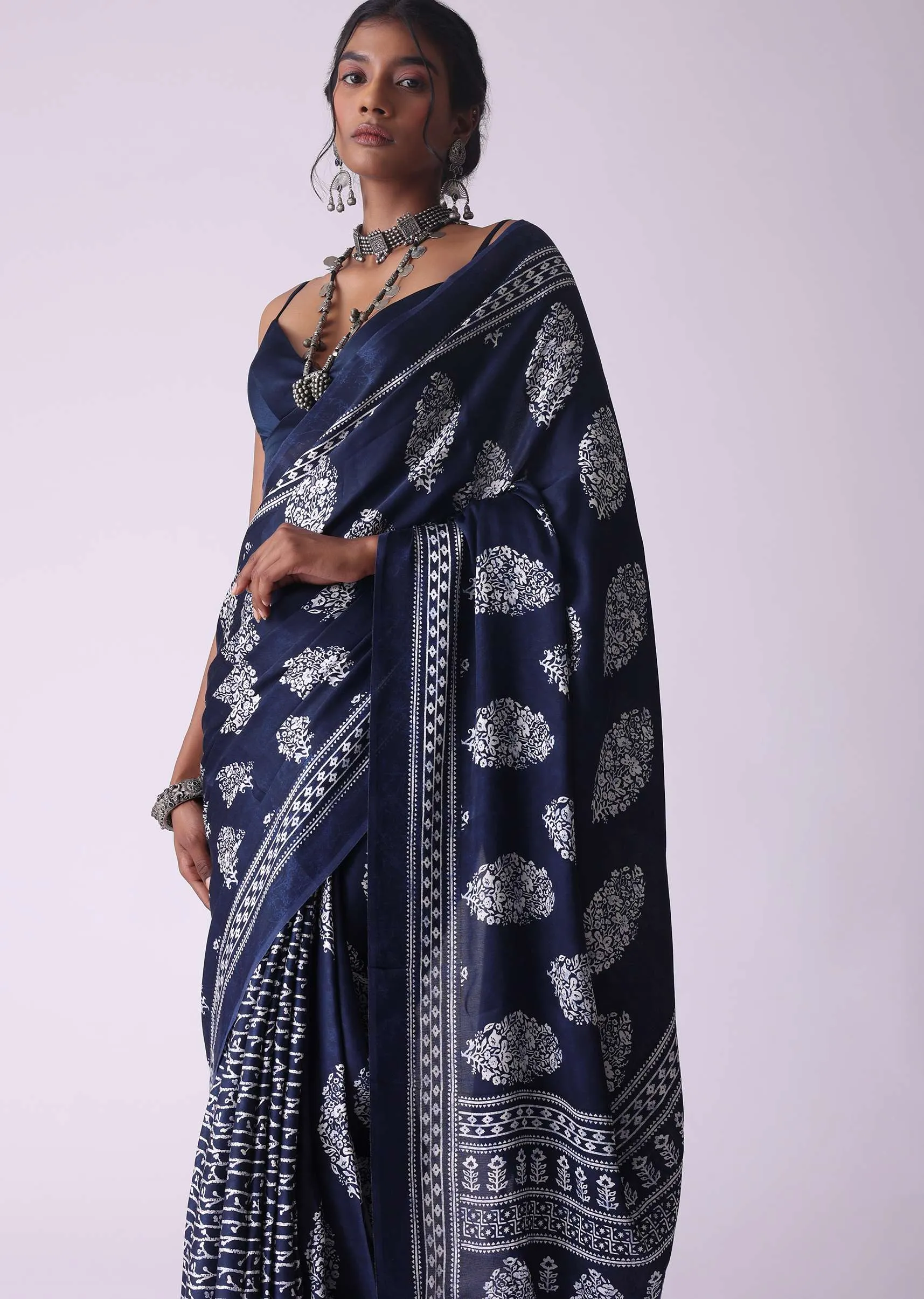 Mood Indigo Blue Batic Printed Crepe Saree