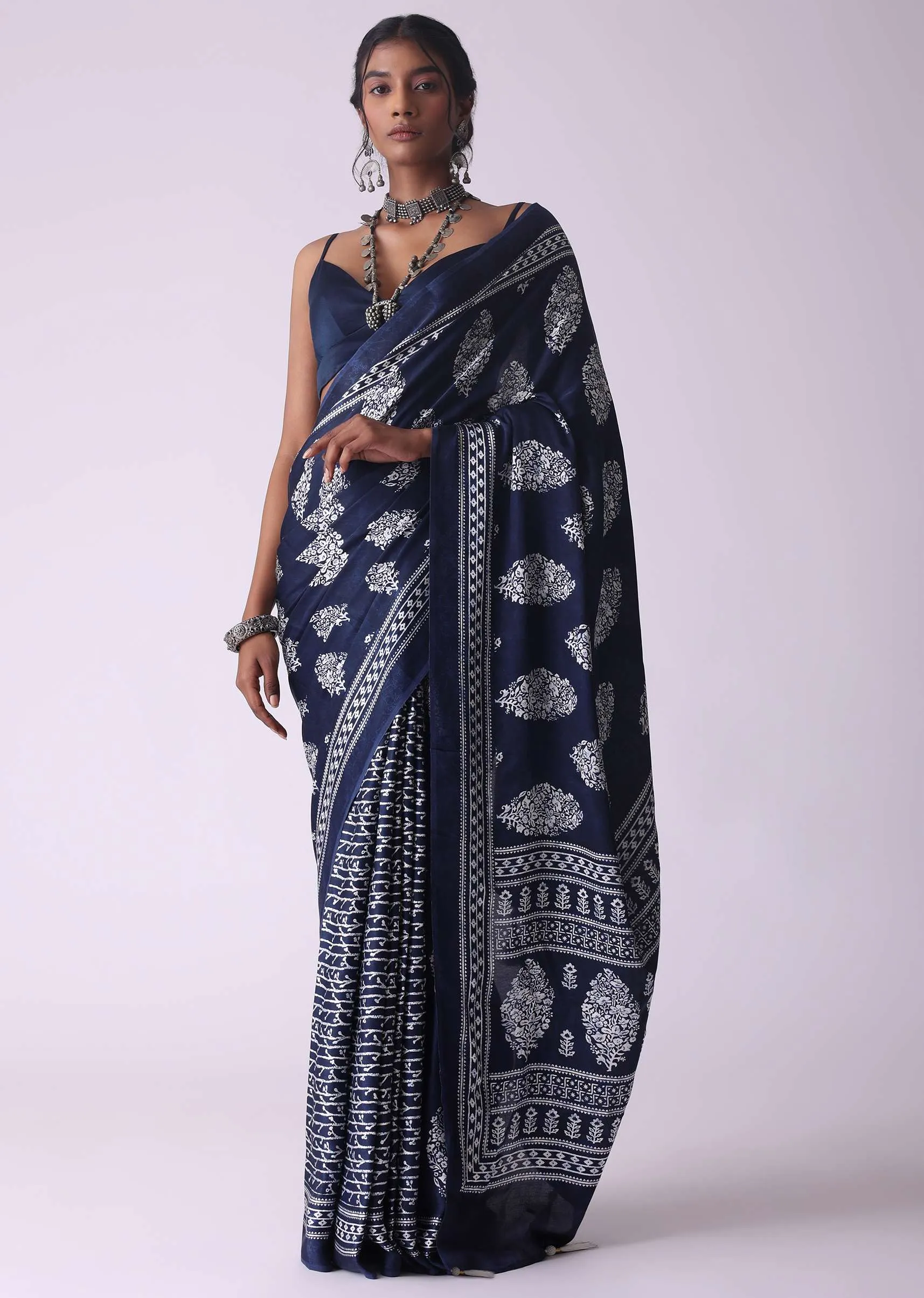 Mood Indigo Blue Batic Printed Crepe Saree