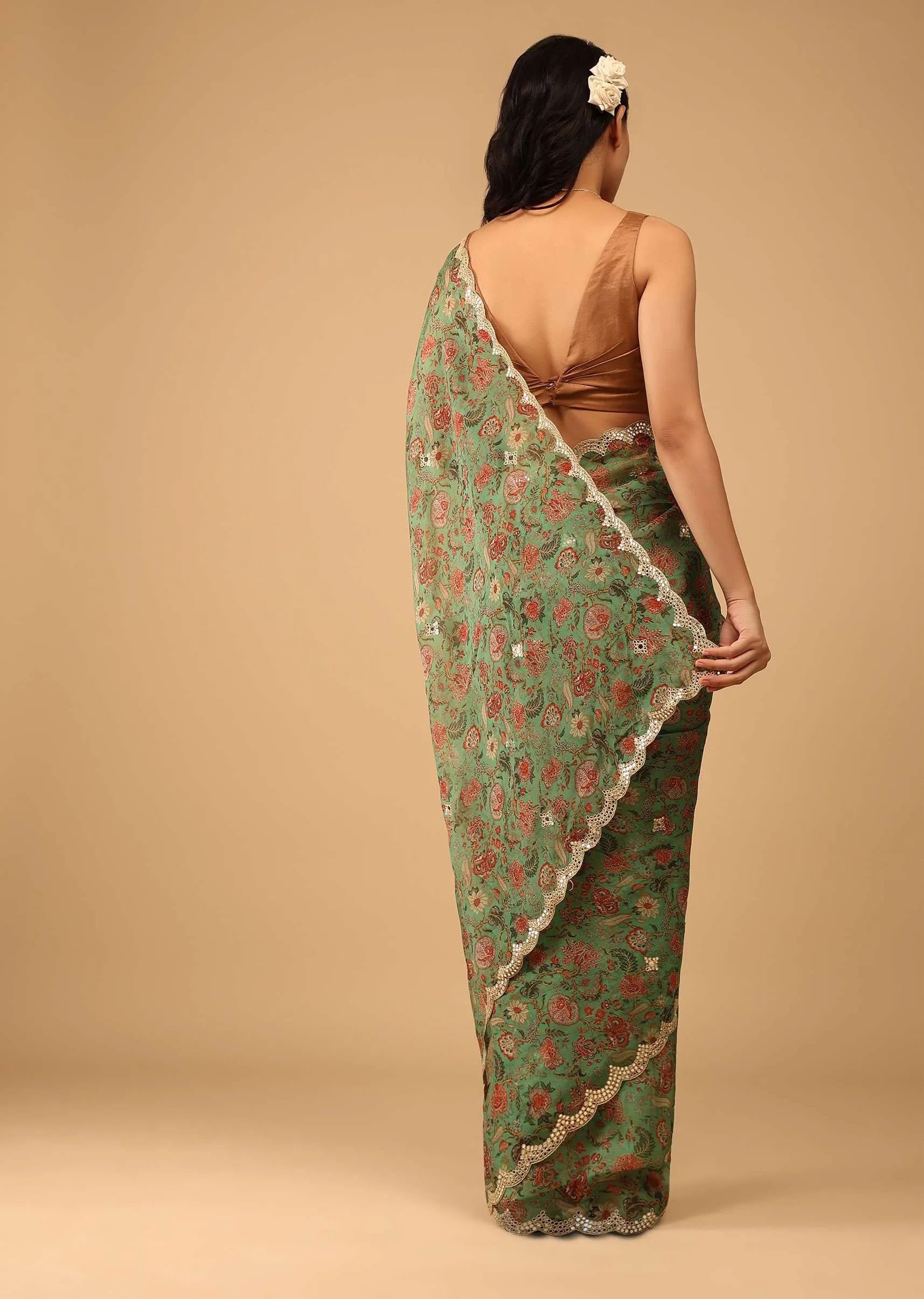 Moss Green Floral Saree In Crepe With Embroidery