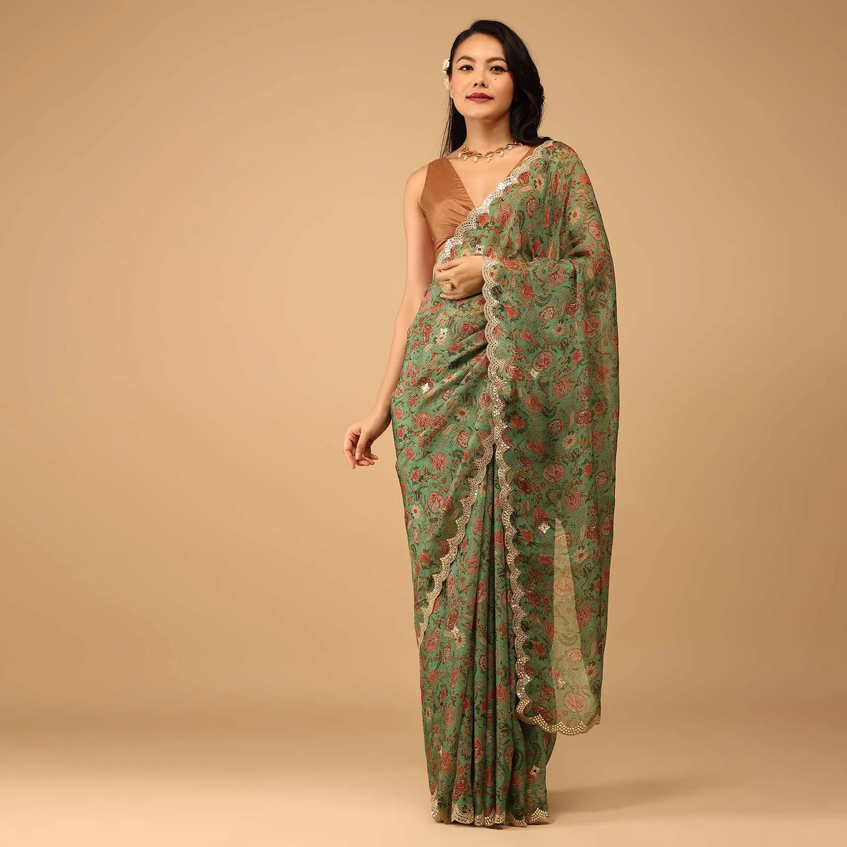 Moss Green Floral Saree In Crepe With Embroidery