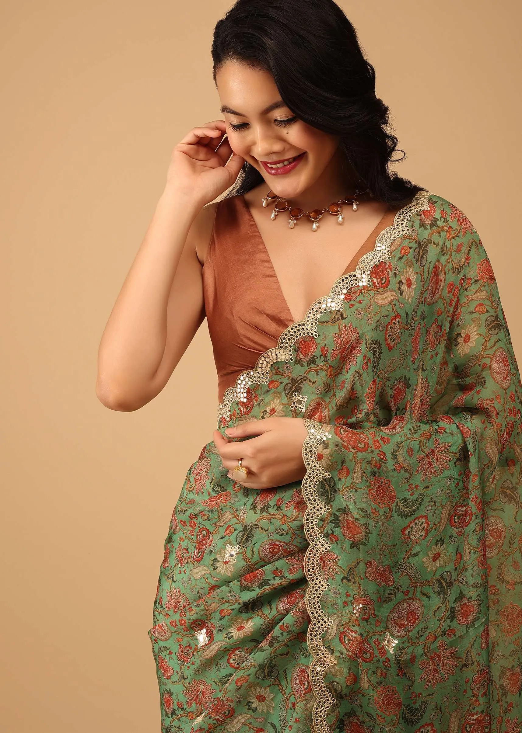Moss Green Floral Saree In Crepe With Embroidery