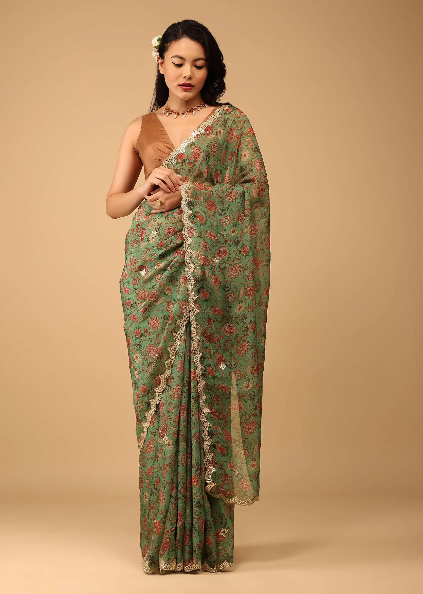 Moss Green Floral Saree In Crepe With Embroidery