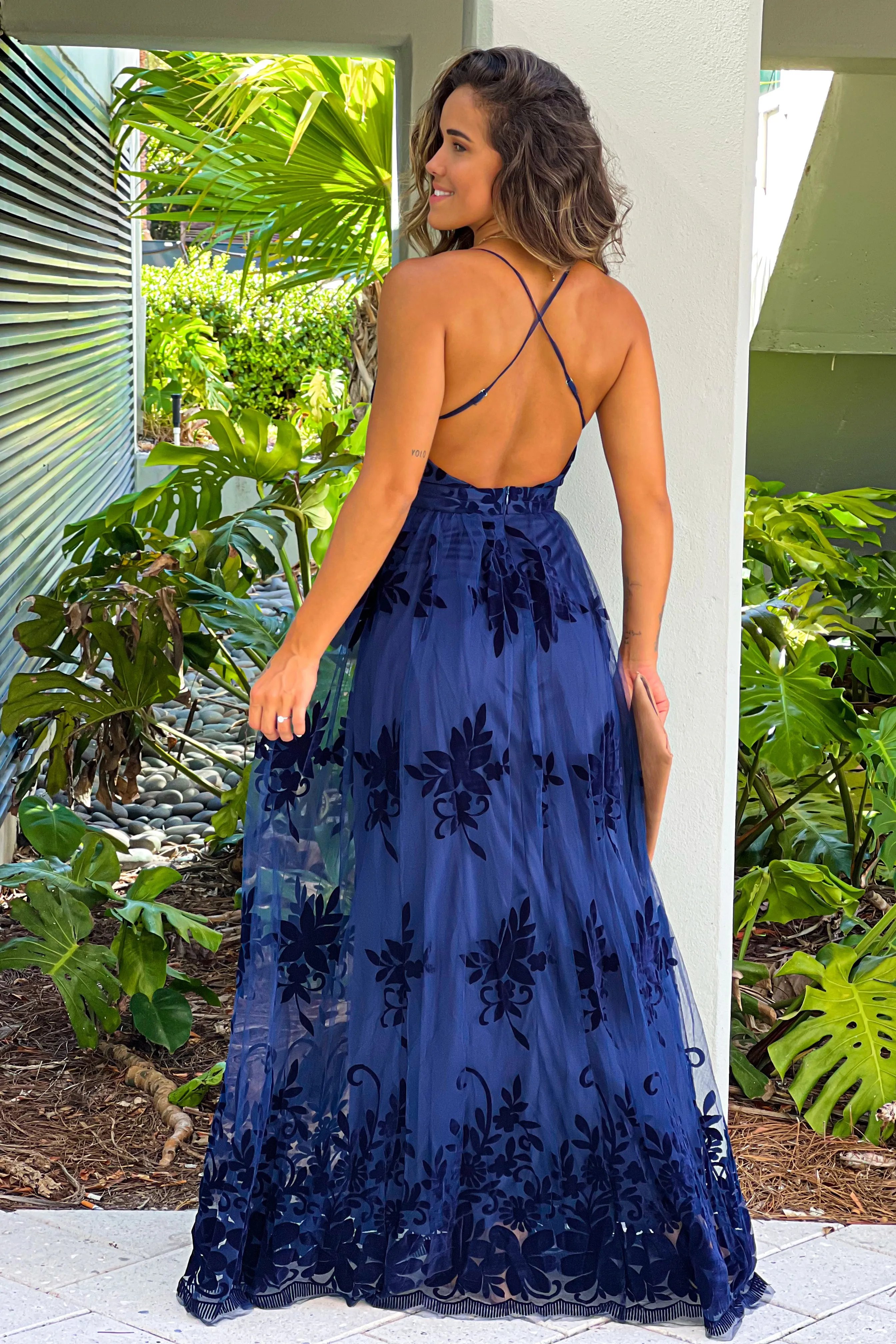 Navy Floral Tulle Maxi Dress