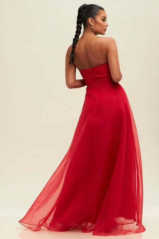 Red Organzza V Neckline Maxi Dress