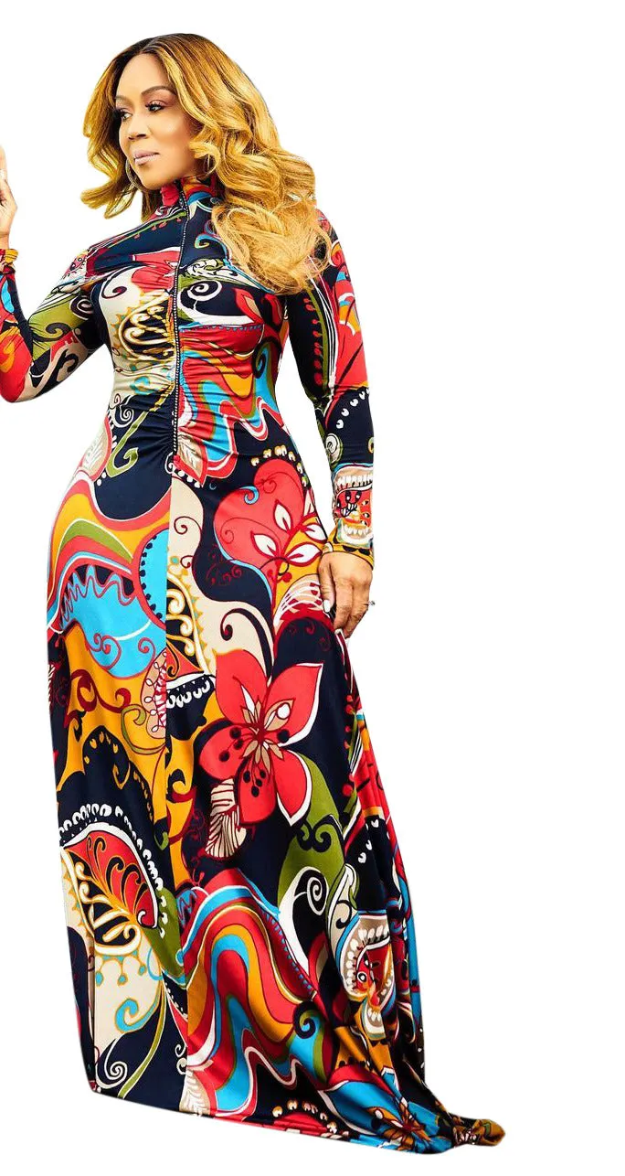 Regular Zipper Slim Stand Collar Printing Full Sleeve Swing FloorLength Maxi Dress