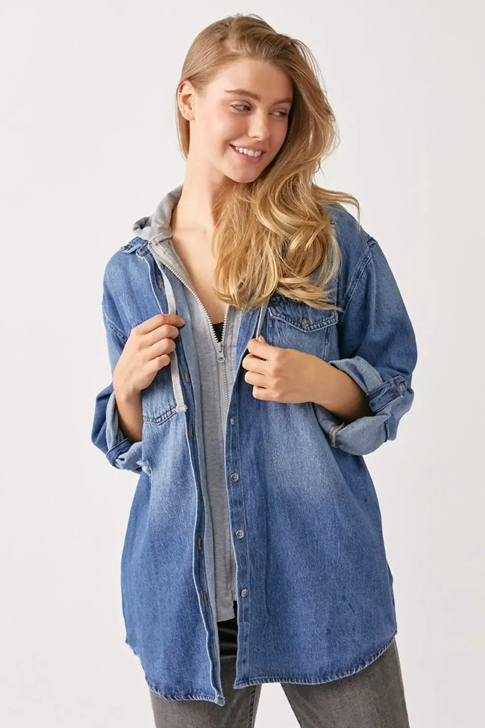 RISEN - Zip Up - Hooded Denim Shirt