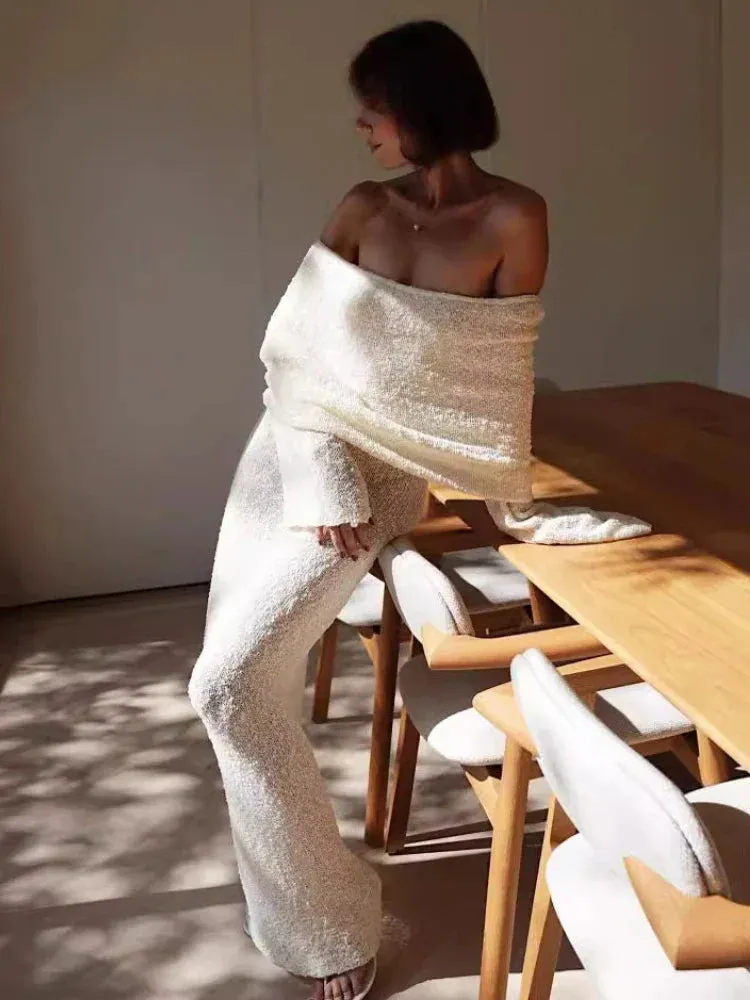 Stylish Knitted Sheer Beach Hollow Out Off-Shoulder Elegant Long Sleeve Maxi Dress
