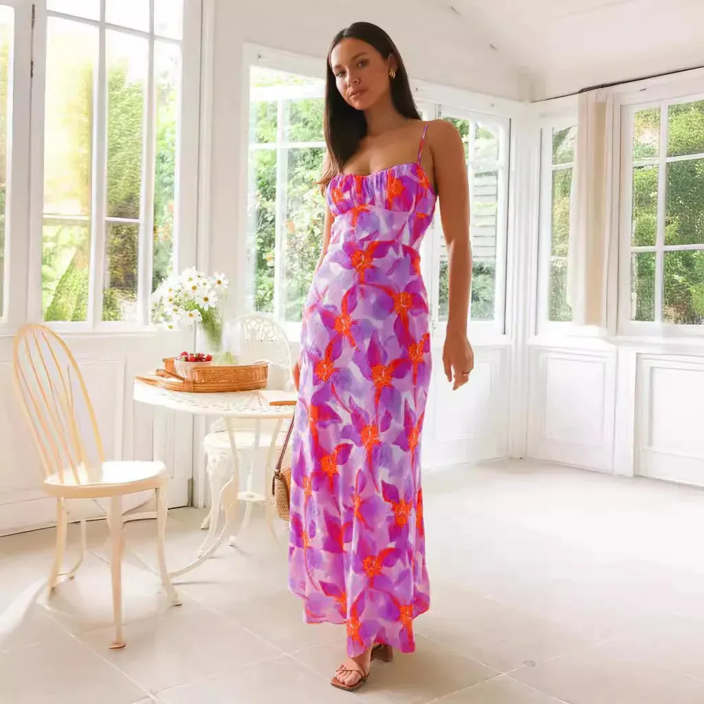 Sweet A-line Women Elegant Summer Floral Print Midi Long Backless Maxi Dress