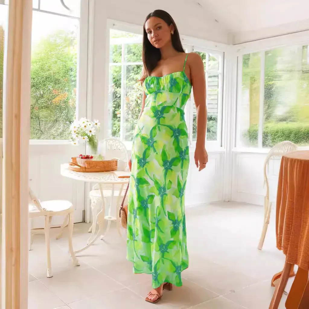 Sweet A-line Women Elegant Summer Floral Print Midi Long Backless Maxi Dress