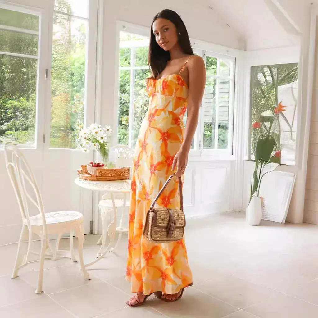 Sweet A-line Women Elegant Summer Floral Print Midi Long Backless Maxi Dress