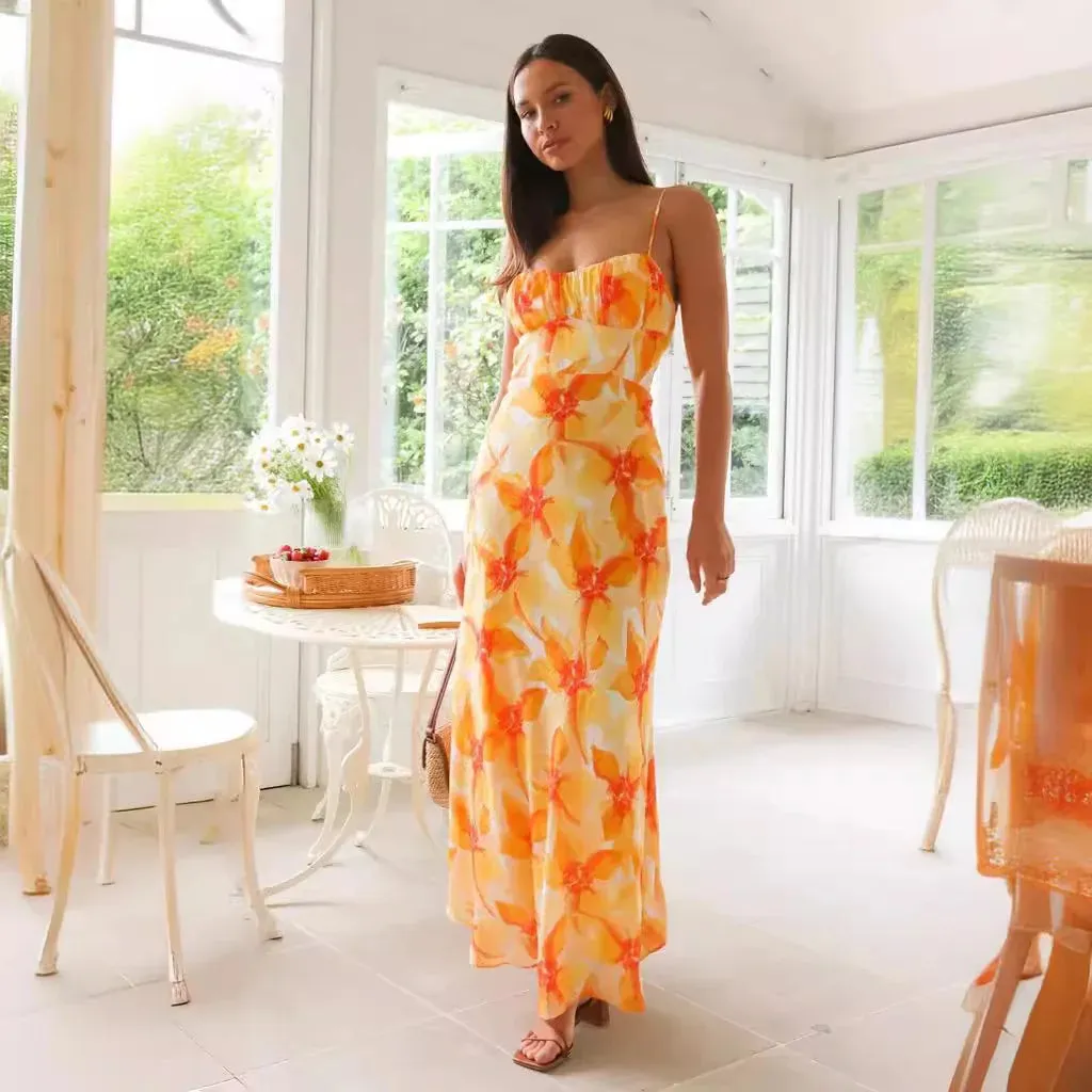 Sweet A-line Women Elegant Summer Floral Print Midi Long Backless Maxi Dress