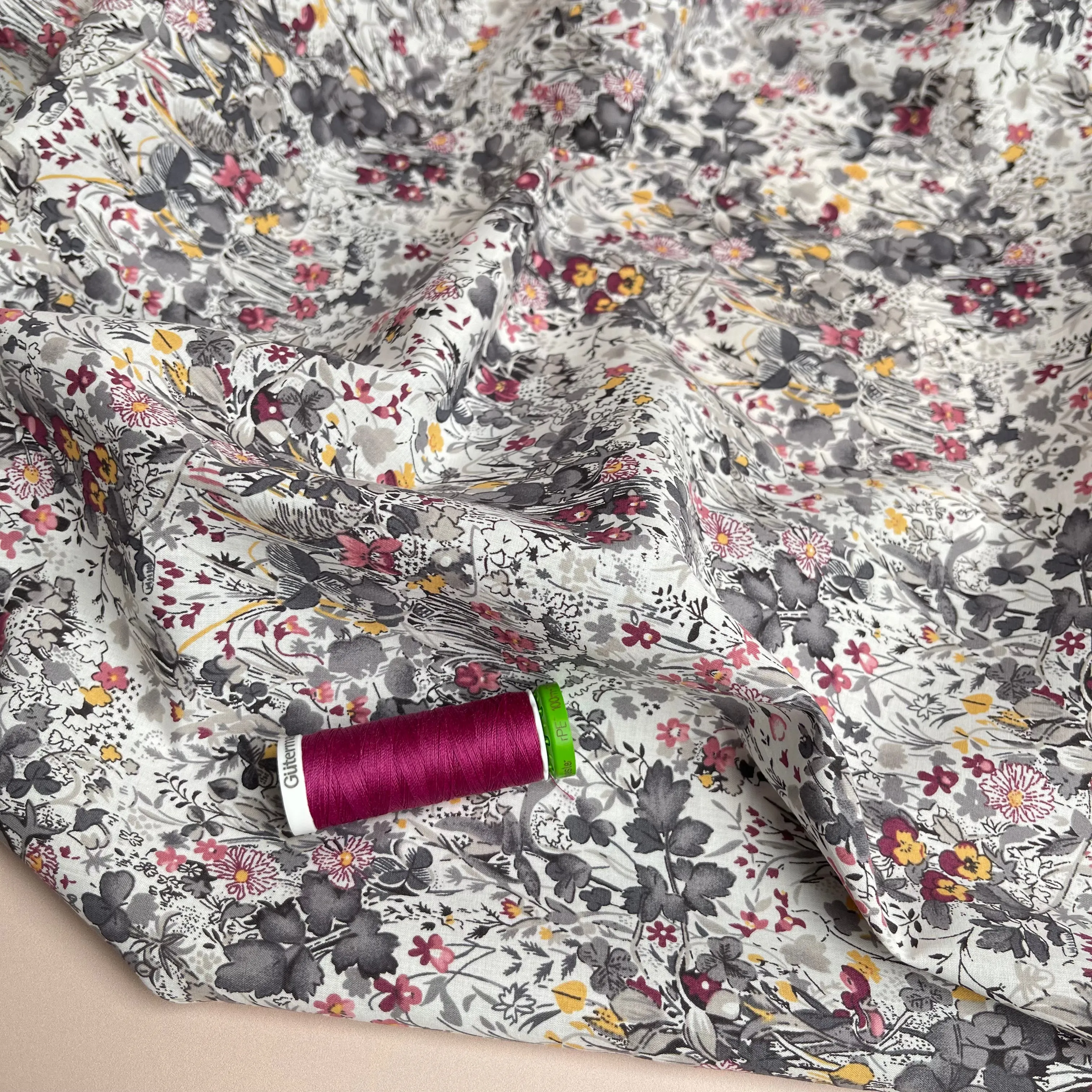 Viola Tricolour Charcoal with Berry Cotton Lawn Fabric